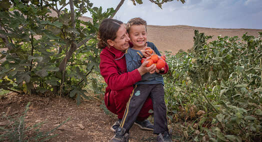 Evin, 23, erntet mit ihrem kleinen Sohn selbst angebaute Tomaten im Irak