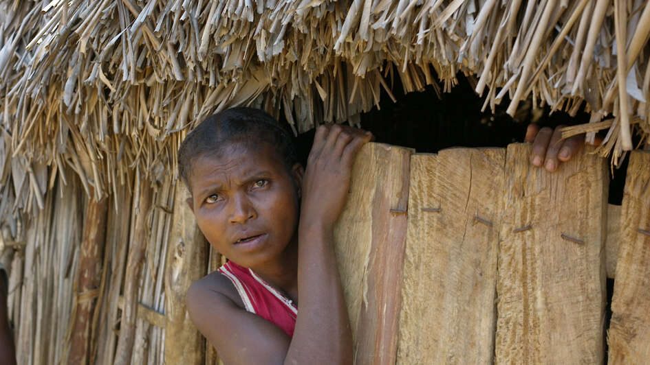 A woman looks out of the window.