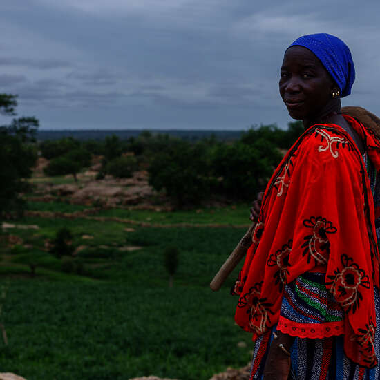 Eine Frau in farbenfroher Kleidung steht mit einem landwirtschaftlichen Werkzeug auf einem Feld in Mali.
