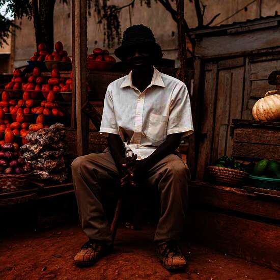 A man offers a rich variety of agricultural products on a farmer's market in Uganda.