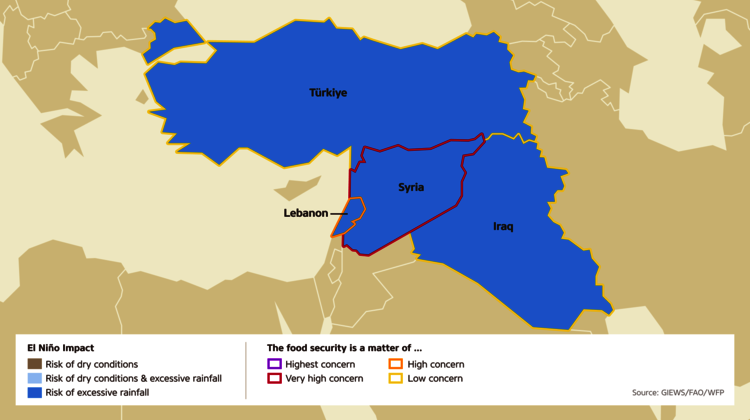 Expected impact of El Niño on the Middle East Map: El Niño could bring heavy rainfall to the Middle East.