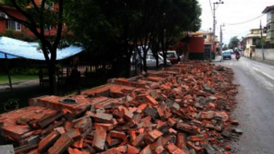 Just one of endless examples of destruction in Nepal: the hotel wall collapsed during the earthquake.