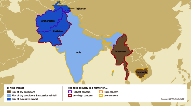 Expected impact of El Niño in South Asia and Southeast Asia Map: El Niño threatens some Asian countries with drought and floods