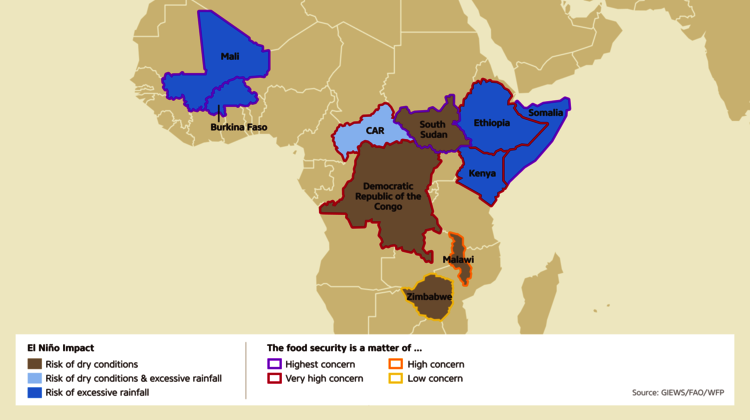 Expected impact of El Niño for Africa Map: El Niño threatens some African countries with heavy rain or drought