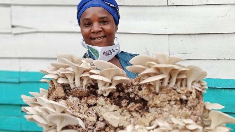 2021-dr-congo-projektteilnehmerin-neema-mwamini-pilze.jpg Eine Projektteilnehmerin zeigt ihre Pilzzucht, Kongo 2021.