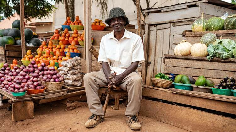 2021-agrishare-markt-gemuese-stand-uganda_C_welthungerhilfe.jpg Ein Händler sitzt vor seinem Marktstand in Uganda, 2021.